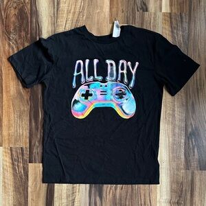 Black Gaming T-Shirt with Colorful Controller Design Size XL/14-16